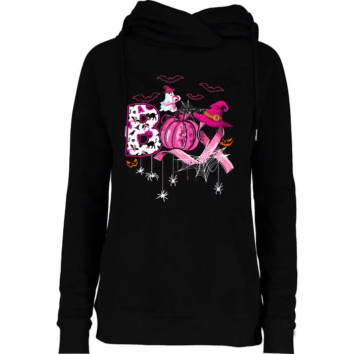 Boo Halloween Pumpkin Pink Ribbon Witch Breast Cancer Womens Funnel Neck Pullover Hood