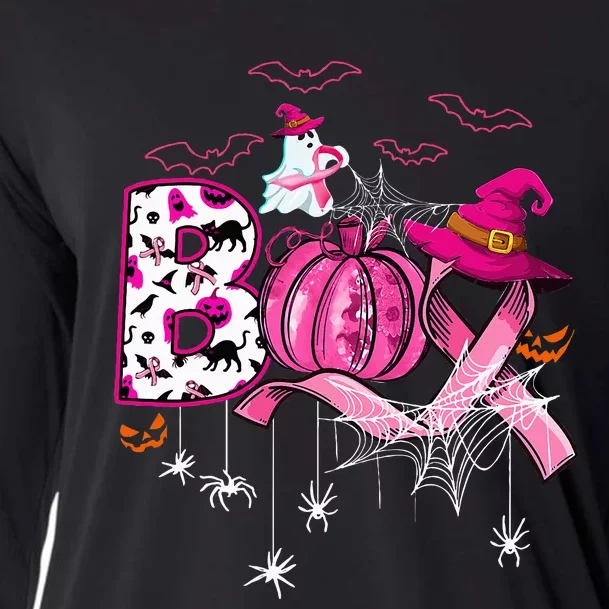 Boo Halloween Pumpkin Pink Ribbon Witch Breast Cancer Cooling Performance Long Sleeve Crew