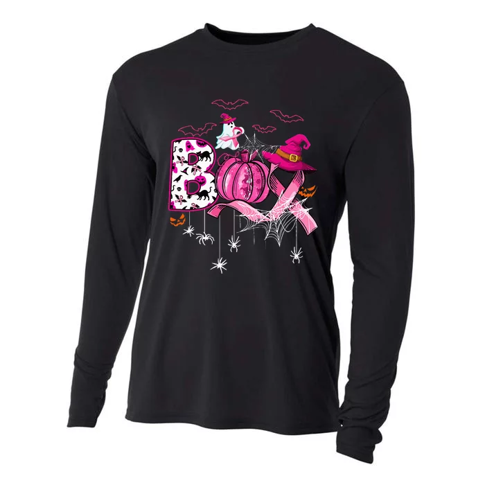 Boo Halloween Pumpkin Pink Ribbon Witch Breast Cancer Cooling Performance Long Sleeve Crew