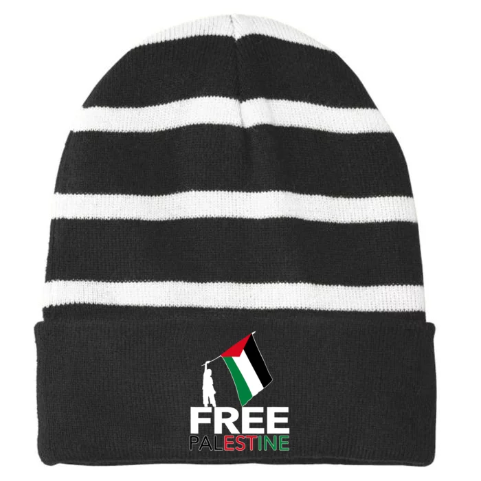 Boy Hold Palestine Flag I Love Free Palestine Gaza Striped Beanie with Solid Band