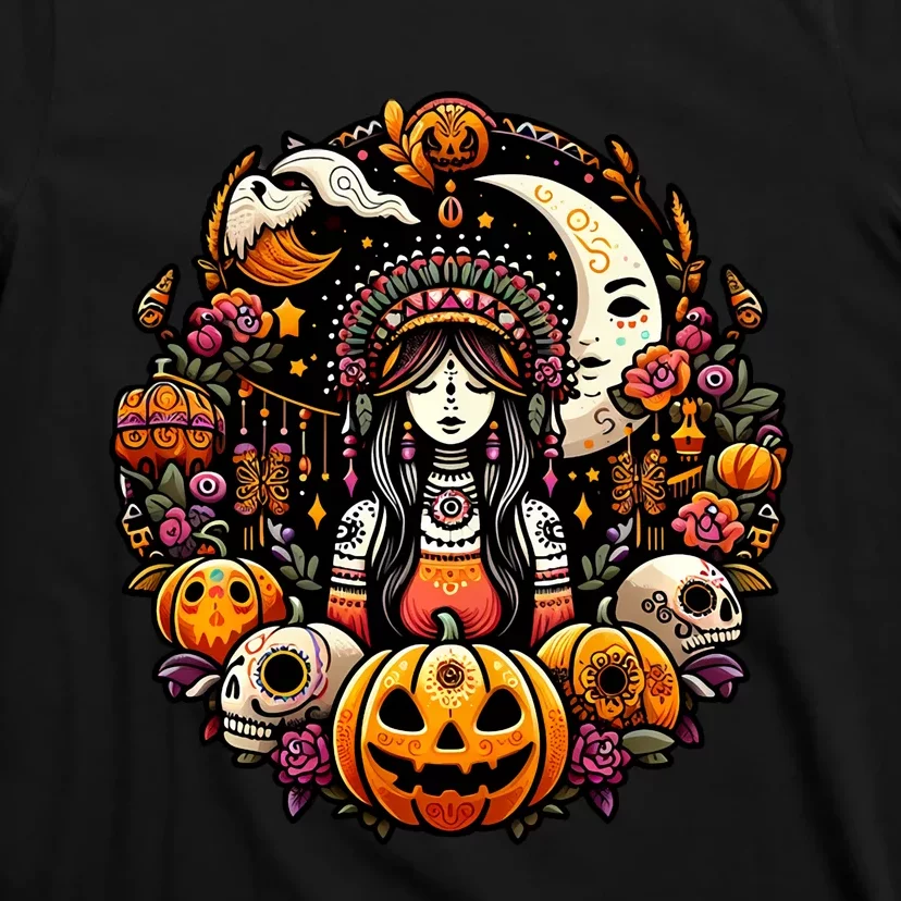 Boho Halloween Pumpkin Skulls Moon Stylish Spooky Casual Fun T-Shirt