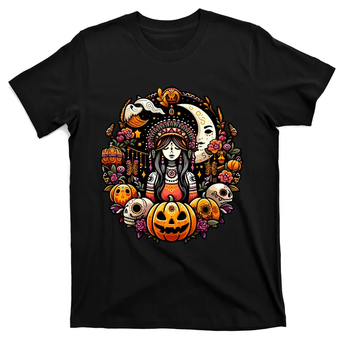 Boho Halloween Pumpkin Skulls Moon Stylish Spooky Casual Fun T-Shirt