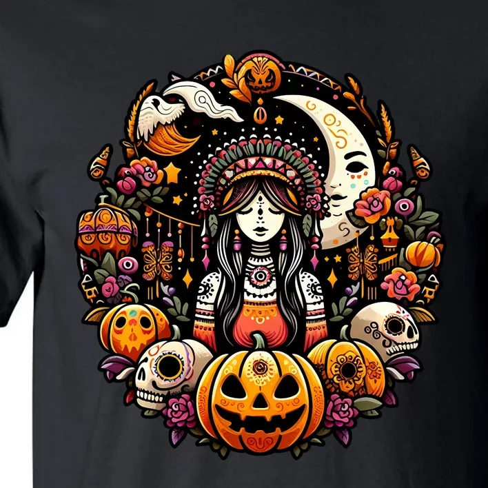 Boho Halloween Pumpkin Skulls Moon Stylish Spooky Casual Fun Tall T-Shirt