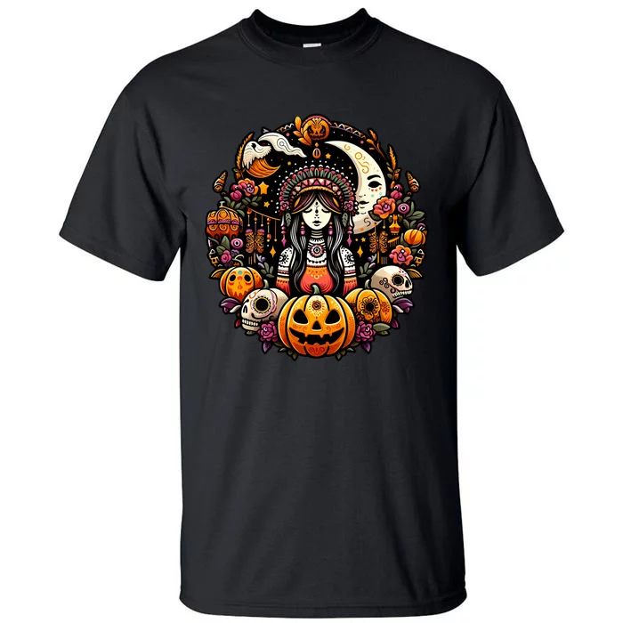 Boho Halloween Pumpkin Skulls Moon Stylish Spooky Casual Fun Tall T-Shirt