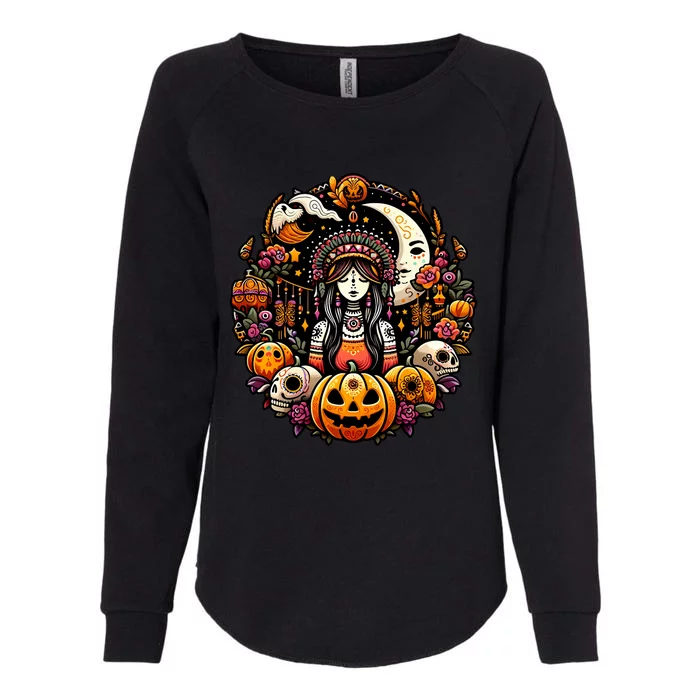 Boho Halloween Pumpkin Skulls Moon Stylish Spooky Casual Fun Womens California Wash Sweatshirt