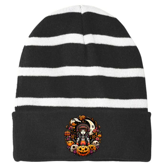 Boho Halloween Pumpkin Skulls Moon Stylish Spooky Casual Fun Striped Beanie with Solid Band