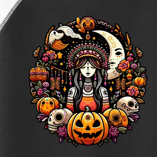 Boho Halloween Pumpkin Skulls Moon Stylish Spooky Casual Fun Toddler Fine Jersey T-Shirt