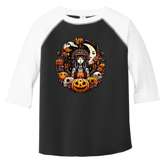 Boho Halloween Pumpkin Skulls Moon Stylish Spooky Casual Fun Toddler Fine Jersey T-Shirt