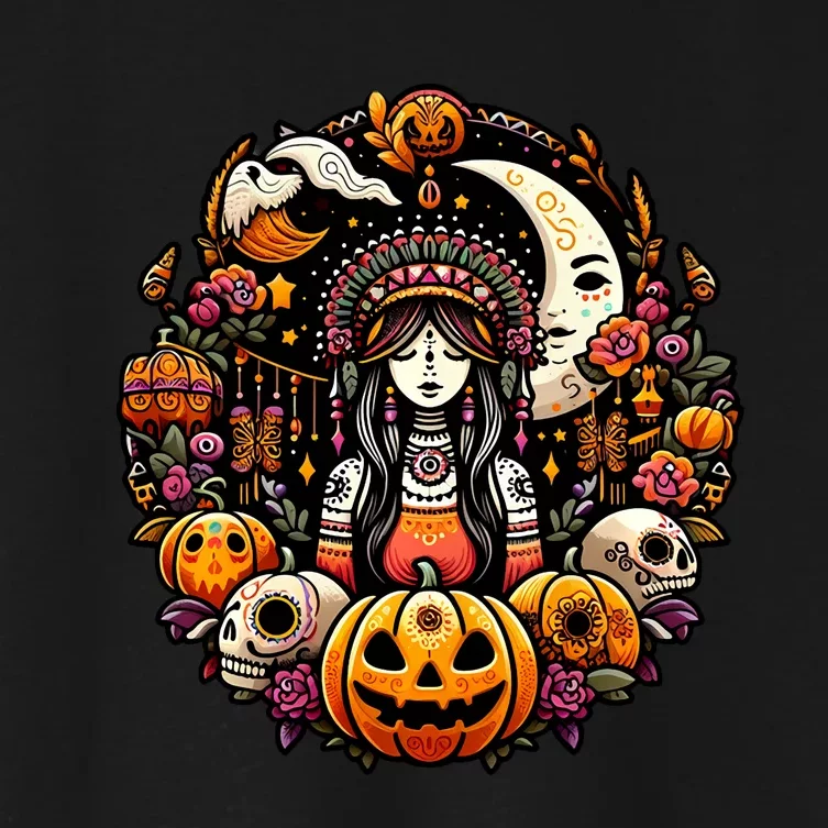 Boho Halloween Pumpkin Skulls Moon Stylish Spooky Casual Fun Women's Crop Top Tee