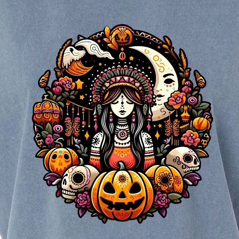 Boho Halloween Pumpkin Skulls Moon Stylish Spooky Casual Fun Garment-Dyed Women's Muscle Tee