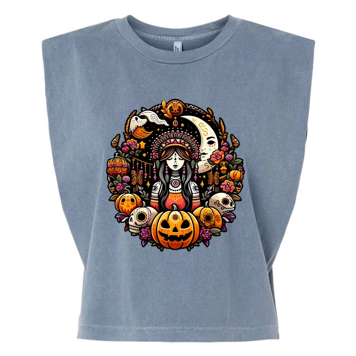 Boho Halloween Pumpkin Skulls Moon Stylish Spooky Casual Fun Garment-Dyed Women's Muscle Tee