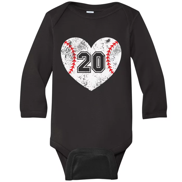 Baseball Heart Player 20 Baseball Mom Dad Varsity Team Baby Long Sleeve Bodysuit