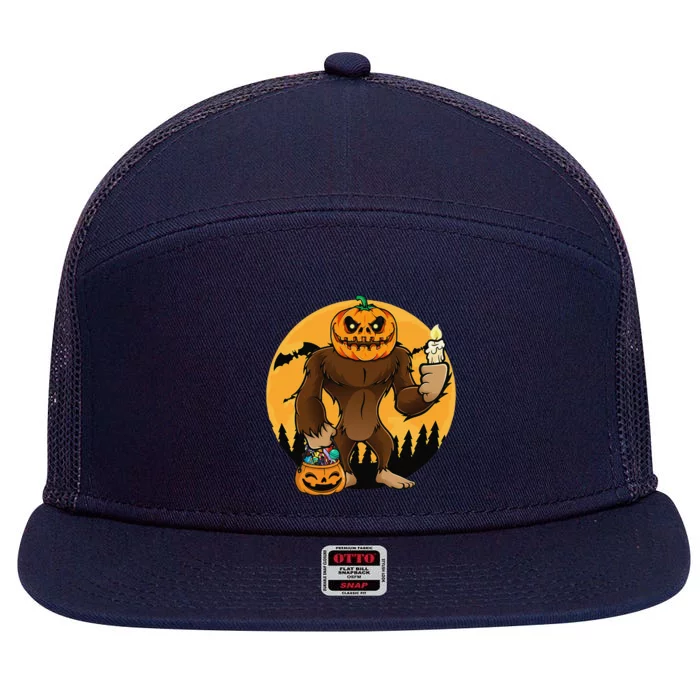 Bigfoot Halloween Pumpkin Head Sasquatch Candy Bucket Gift 7 Panel Mesh Trucker Snapback Hat