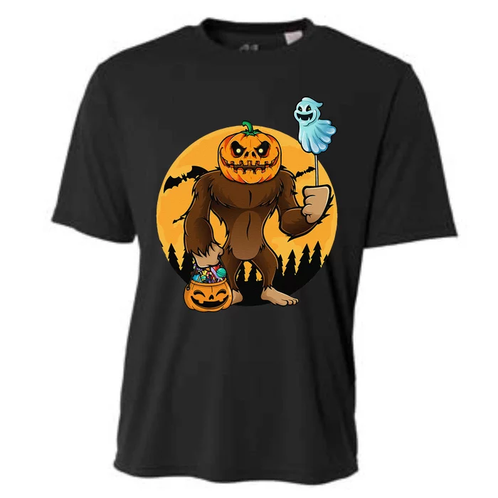 Bigfoot Halloween Pumpkin Head Sasquatch Candy Bucket Cooling Performance Crew T-Shirt