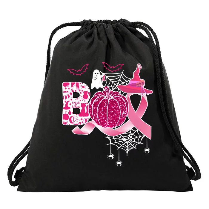 Boo Halloween Pumpkin Pink Ribbon Witch Ghost Breast Cancer Drawstring Bag