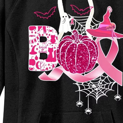 Boo Halloween Pumpkin Pink Ribbon Witch Ghost Breast Cancer Women's Fleece Hoodie