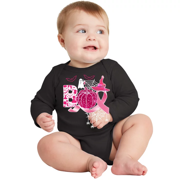 Boo Halloween Pumpkin Pink Ribbon Witch Ghost Breast Cancer Baby Long Sleeve Bodysuit