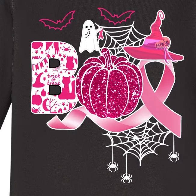 Boo Halloween Pumpkin Pink Ribbon Witch Ghost Breast Cancer Baby Long Sleeve Bodysuit