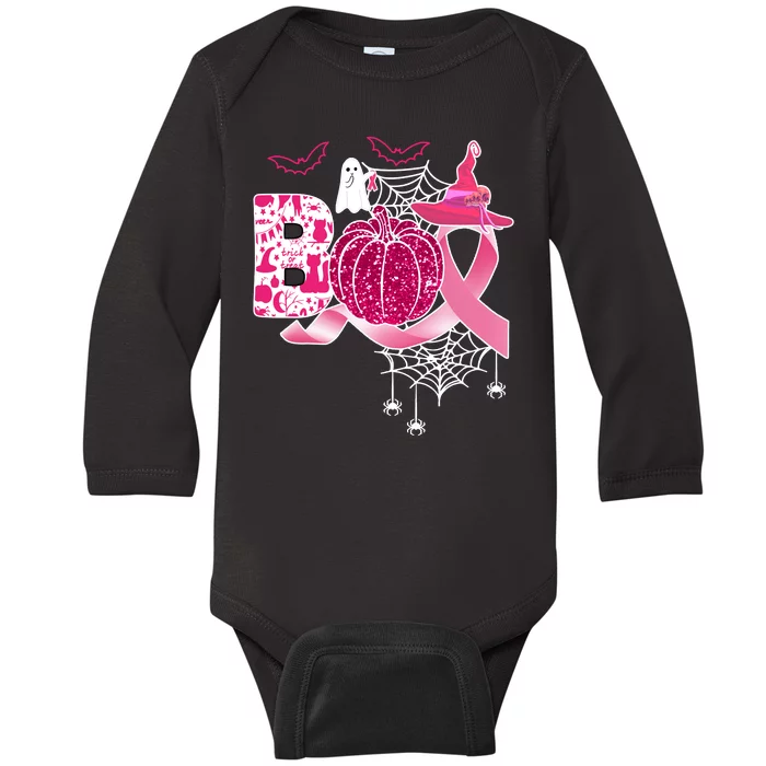 Boo Halloween Pumpkin Pink Ribbon Witch Ghost Breast Cancer Baby Long Sleeve Bodysuit