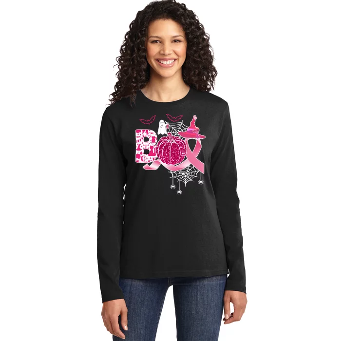 Boo Halloween Pumpkin Pink Ribbon Witch Ghost Breast Cancer Ladies Long Sleeve Shirt