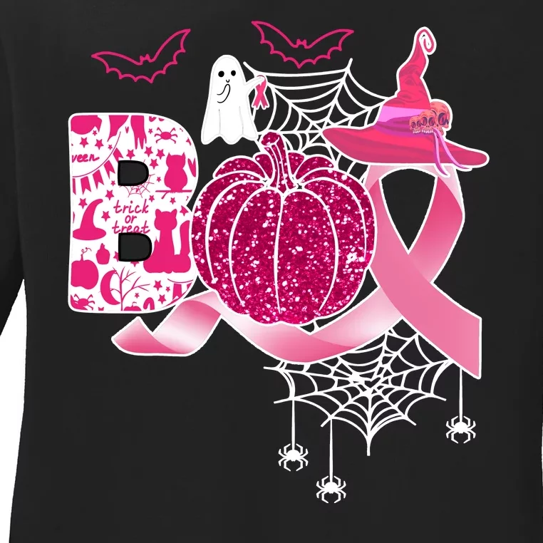 Boo Halloween Pumpkin Pink Ribbon Witch Ghost Breast Cancer Ladies Long Sleeve Shirt