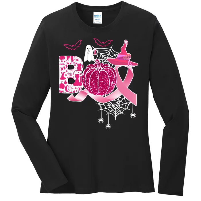 Boo Halloween Pumpkin Pink Ribbon Witch Ghost Breast Cancer Ladies Long Sleeve Shirt