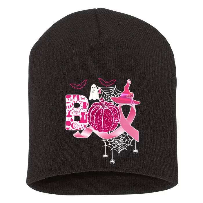 Boo Halloween Pumpkin Pink Ribbon Witch Ghost Breast Cancer Short Acrylic Beanie