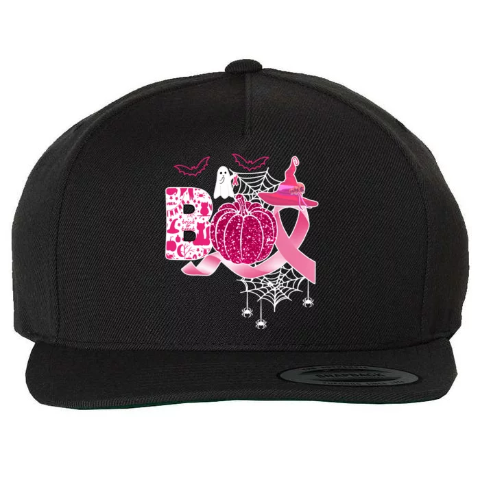 Boo Halloween Pumpkin Pink Ribbon Witch Ghost Breast Cancer Wool Snapback Cap