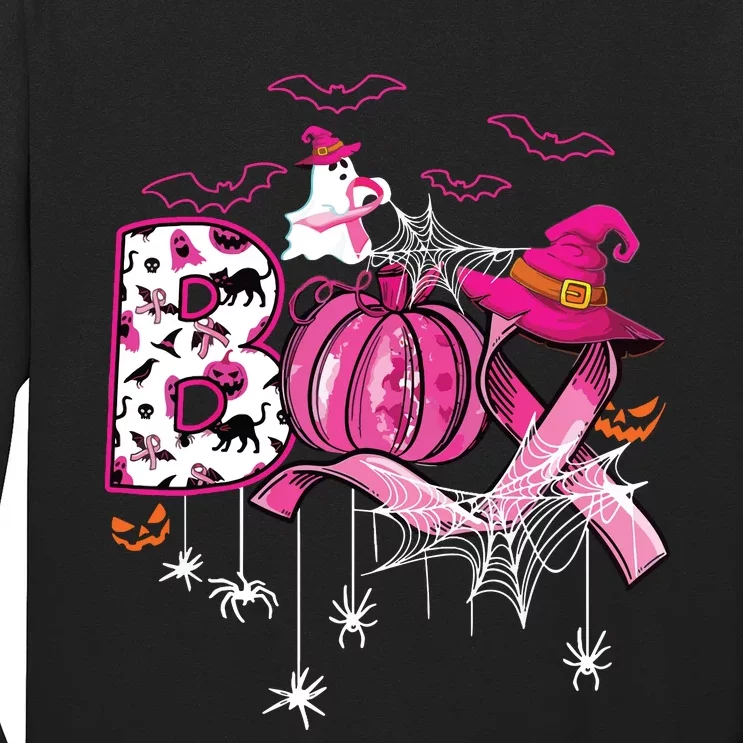 Boo Halloween Pumpkin Ribbon Witch Breast Cancer Long Sleeve Shirt