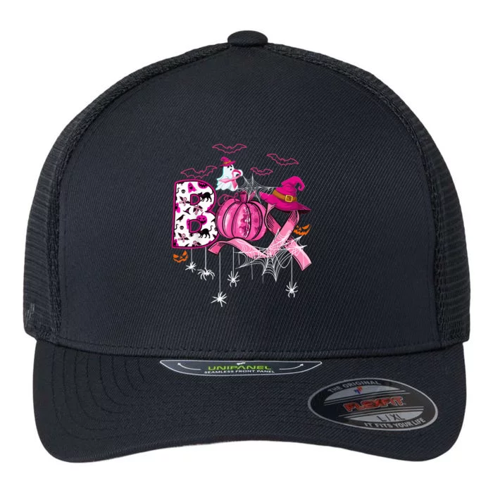 Boo Halloween Pumpkin Pink Ribbon Witch Breast Cancer Flexfit Unipanel Trucker Cap