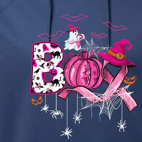 Boo Halloween Pumpkin Pink Ribbon Witch Breast Cancer Performance Fleece Hoodie