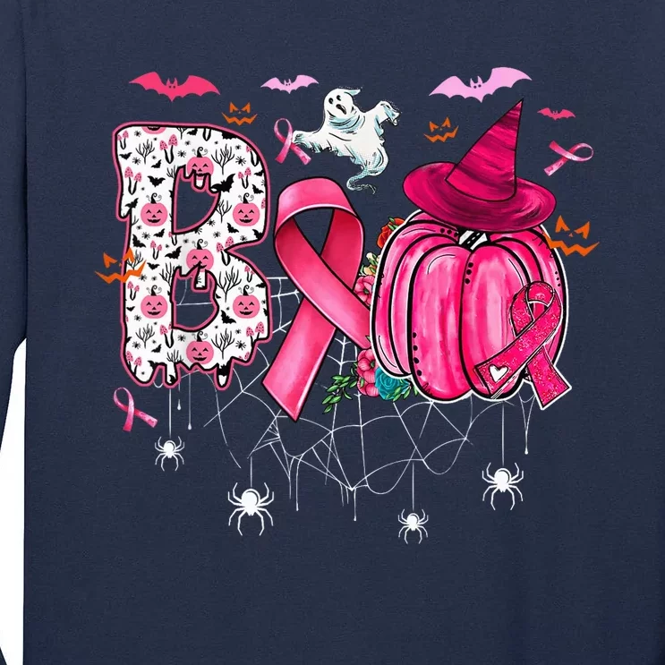 Boo Halloween Pumpkin Pink Ribbon Witch Hat Breast Cancer Tall Long Sleeve T-Shirt