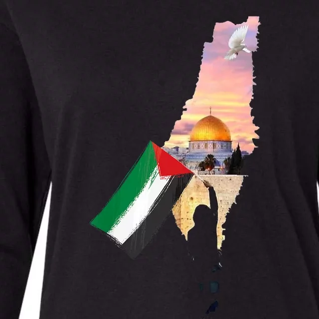 Boy Hold Palestine Flag Palestinians Map JerusalemS City Womens Cotton Relaxed Long Sleeve T-Shirt