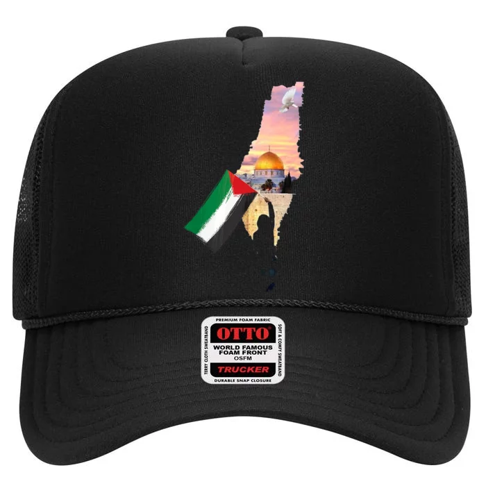 Boy Hold Palestine Flag Palestinians Map JerusalemS City High Crown Mesh Trucker Hat