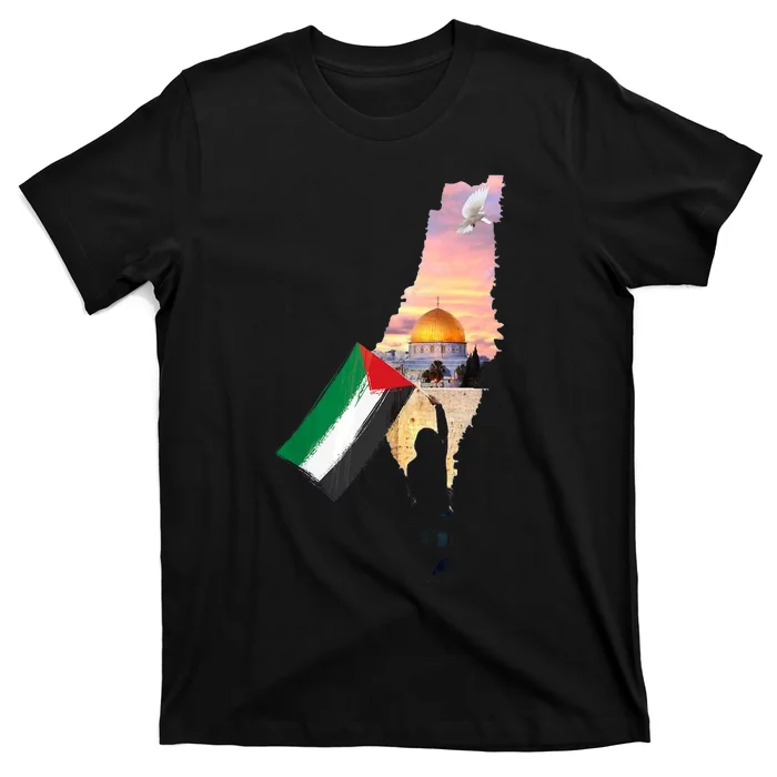 Boy Hold Palestine Flag Palestinians Map JerusalemS City T-Shirt