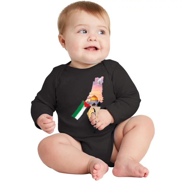 Boy Hold Palestine Flag Palestinians Map JerusalemS City Baby Long Sleeve Bodysuit