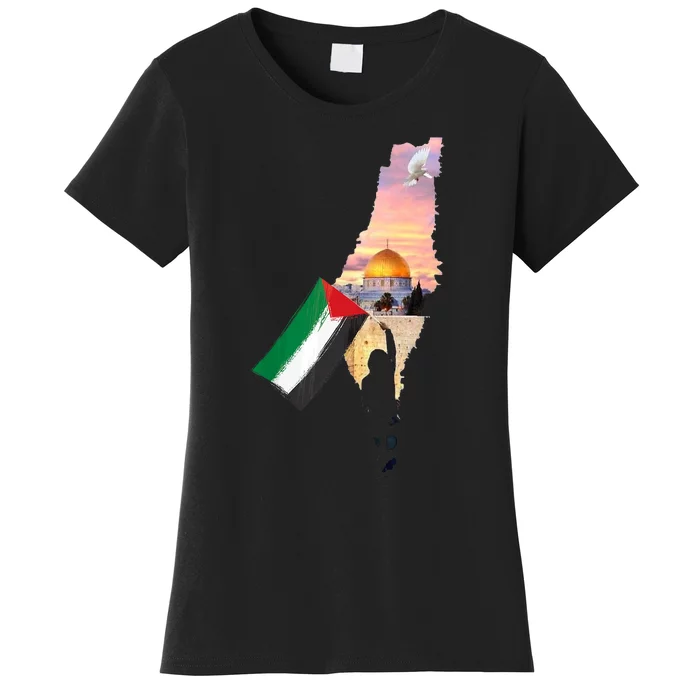 Boy Hold Palestine Flag Palestinians Map JerusalemS City Women's T-Shirt