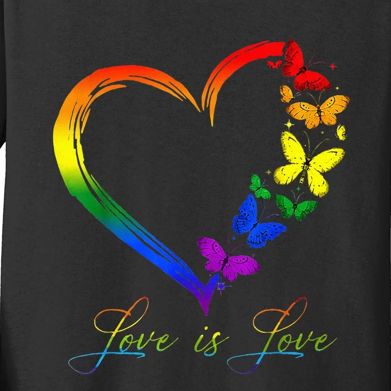 Butterfly Heart Rainbow Love Is Love LGBT Gay Lesbian Pride Kids Long Sleeve Shirt