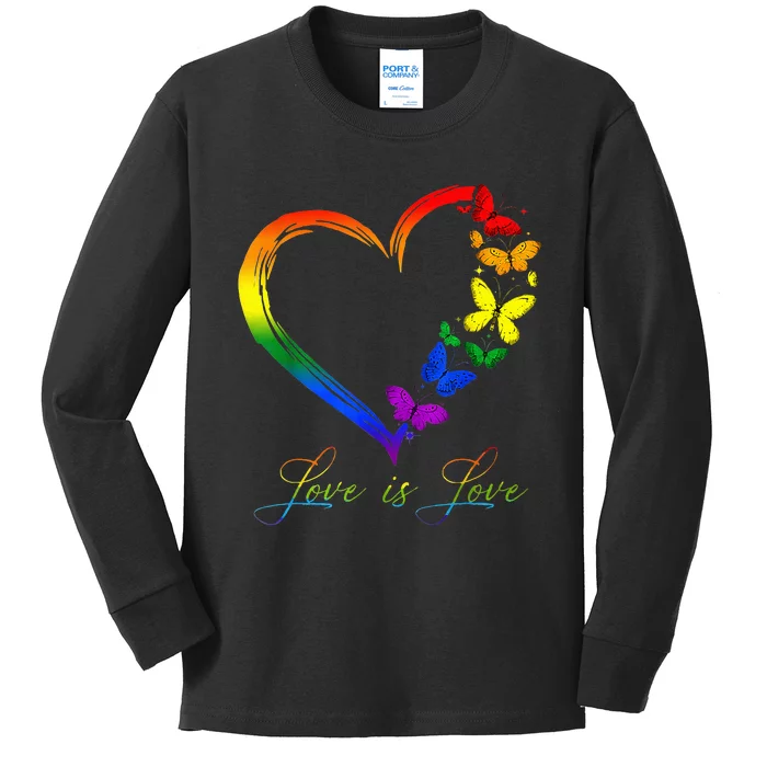 Butterfly Heart Rainbow Love Is Love LGBT Gay Lesbian Pride Kids Long Sleeve Shirt