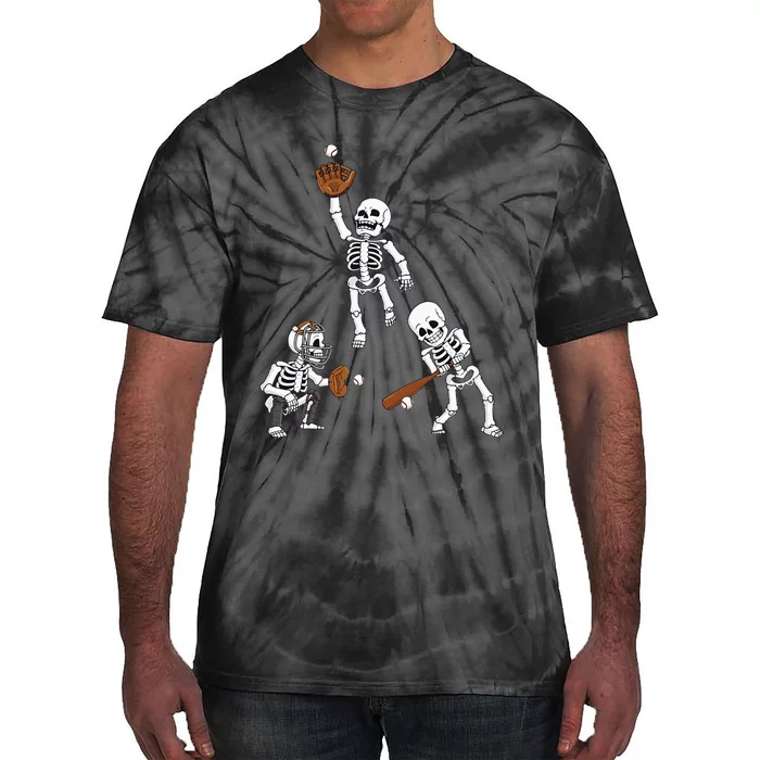 Baseball Halloween Skeletons Hitter Catcher Tie-Dye T-Shirt