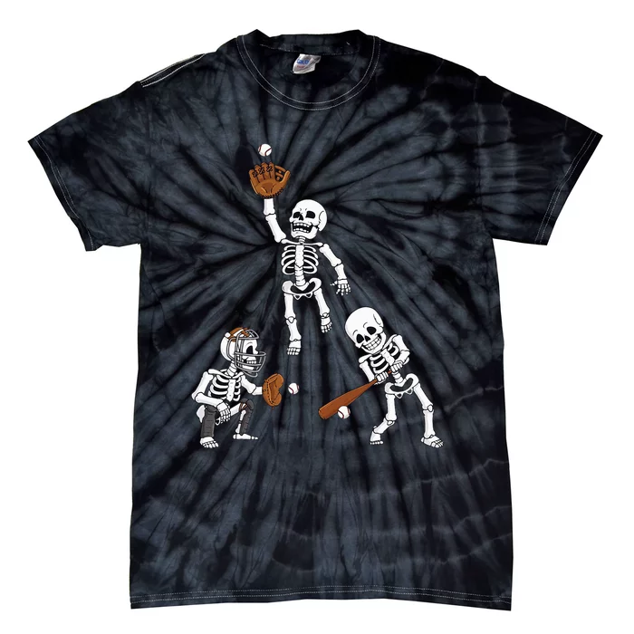 Baseball Halloween Skeletons Hitter Catcher Tie-Dye T-Shirt