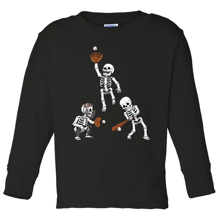 Baseball Halloween Skeletons Hitter Catcher Toddler Long Sleeve Shirt