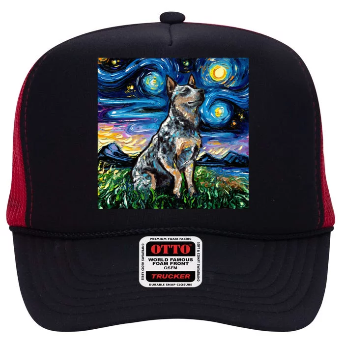 Blue Heeler Starry Night Australian Cattle Dog Art By Aja Cute Gift High Crown Mesh Trucker Hat