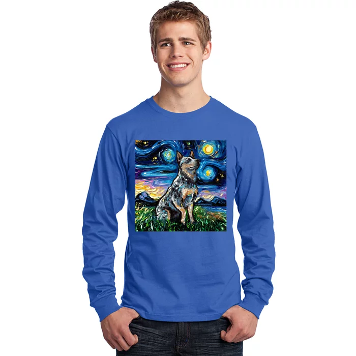 Blue Heeler Starry Night Australian Cattle Dog Art By Aja Cute Gift Long Sleeve Shirt