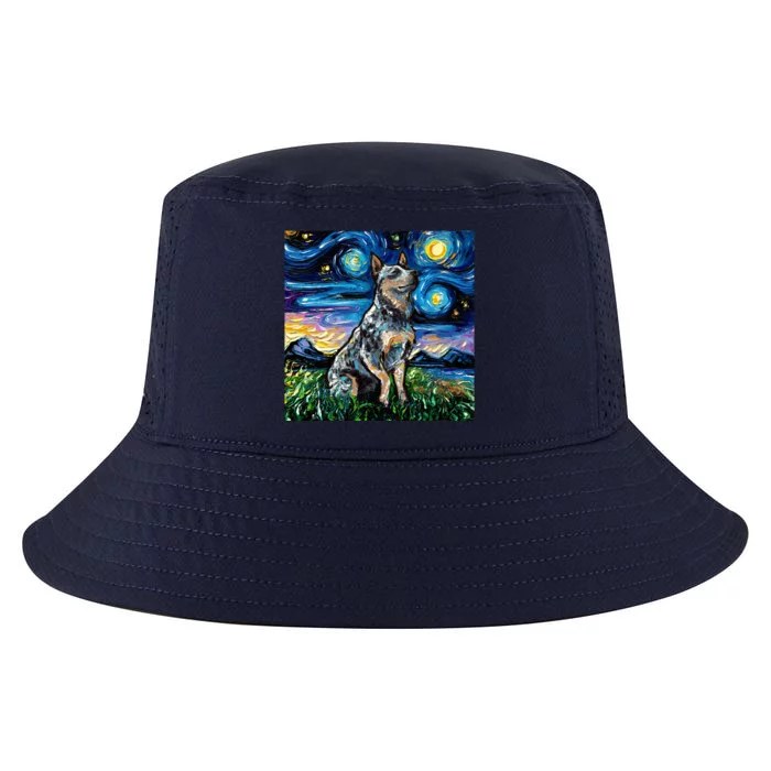 Blue Heeler Starry Night Australian Cattle Dog Art By Aja Cute Gift Cool Comfort Performance Bucket Hat