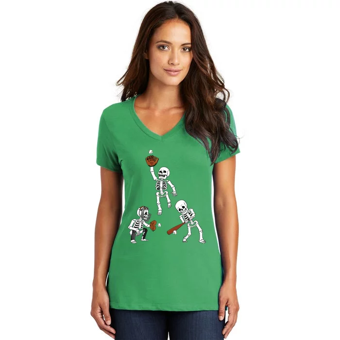 Baseball Halloween Skeletons Hitter Catcher Boy Women's V-Neck T-Shirt