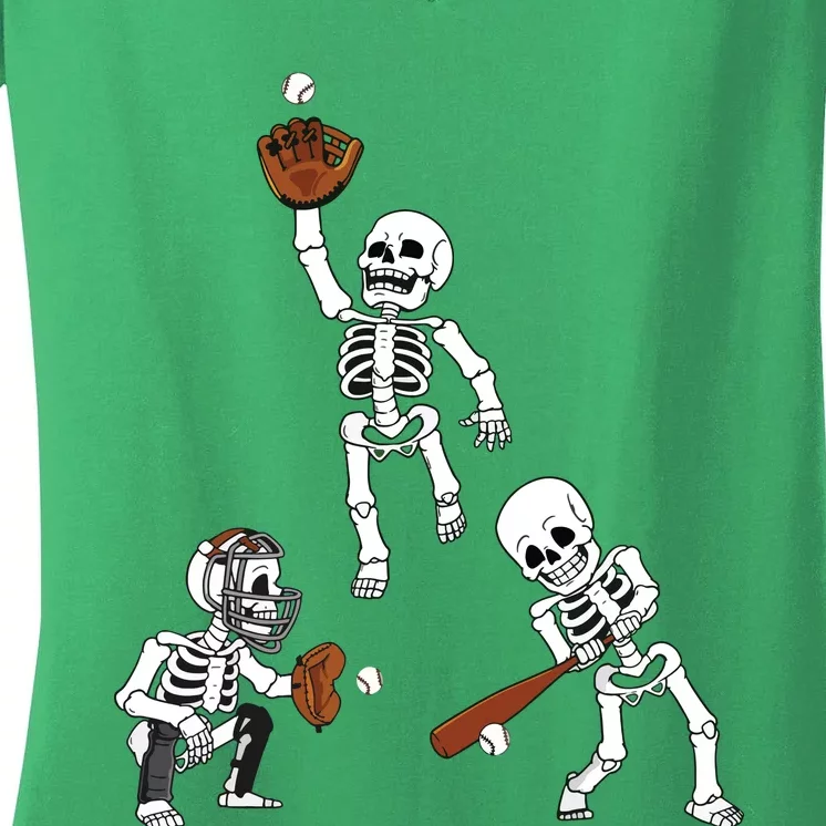 Baseball Halloween Skeletons Hitter Catcher Boy Women's V-Neck T-Shirt