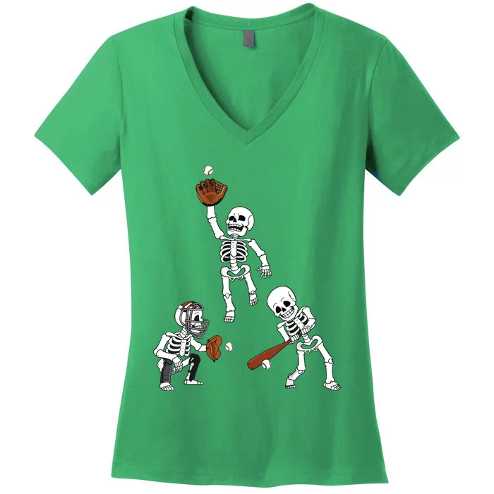 Baseball Halloween Skeletons Hitter Catcher Boy Women's V-Neck T-Shirt