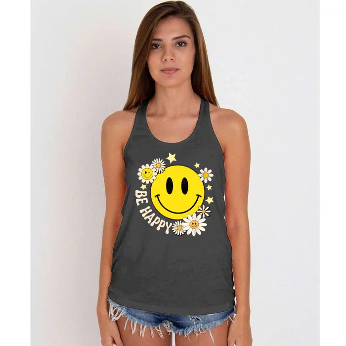 Be Happy Smile Face Retro Groovy Daisy Flower 70s Women's Knotted Racerback Tank