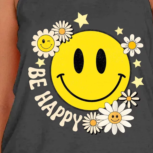 Be Happy Smile Face Retro Groovy Daisy Flower 70s Women's Knotted Racerback Tank